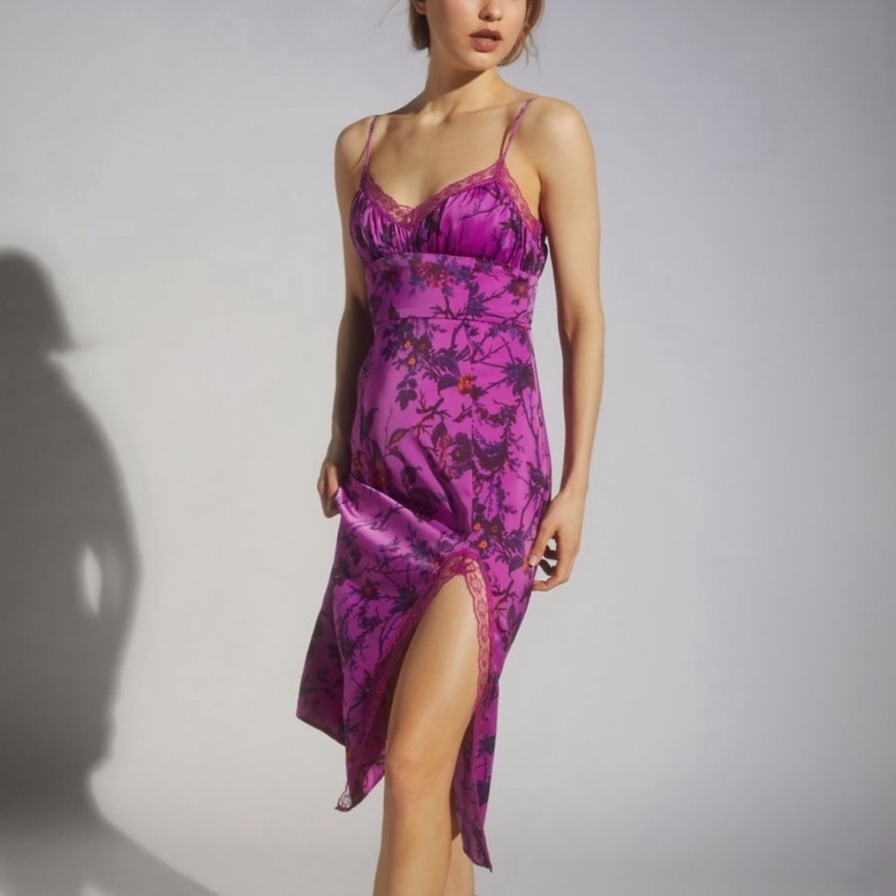 Uo Purple Magenta Floral Tropical Print Satin Midi Side Slit Slip Dress